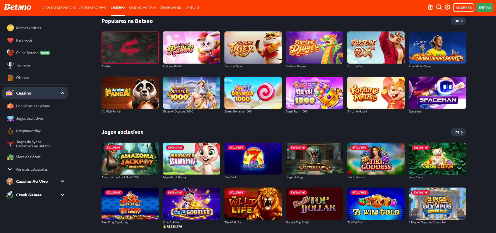 Interface do Cassino Betano mostrando Fortune Tiger e outros jogos